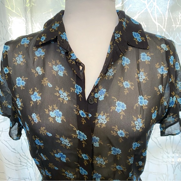 Reformation black blue floral print collared 1/2 button short sleeve mini dress - Picture 4 of 13